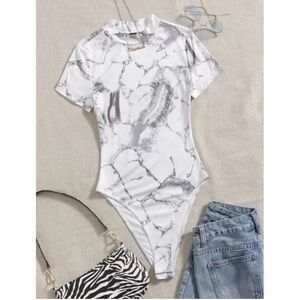 Shein white marble stretch bodysuit S